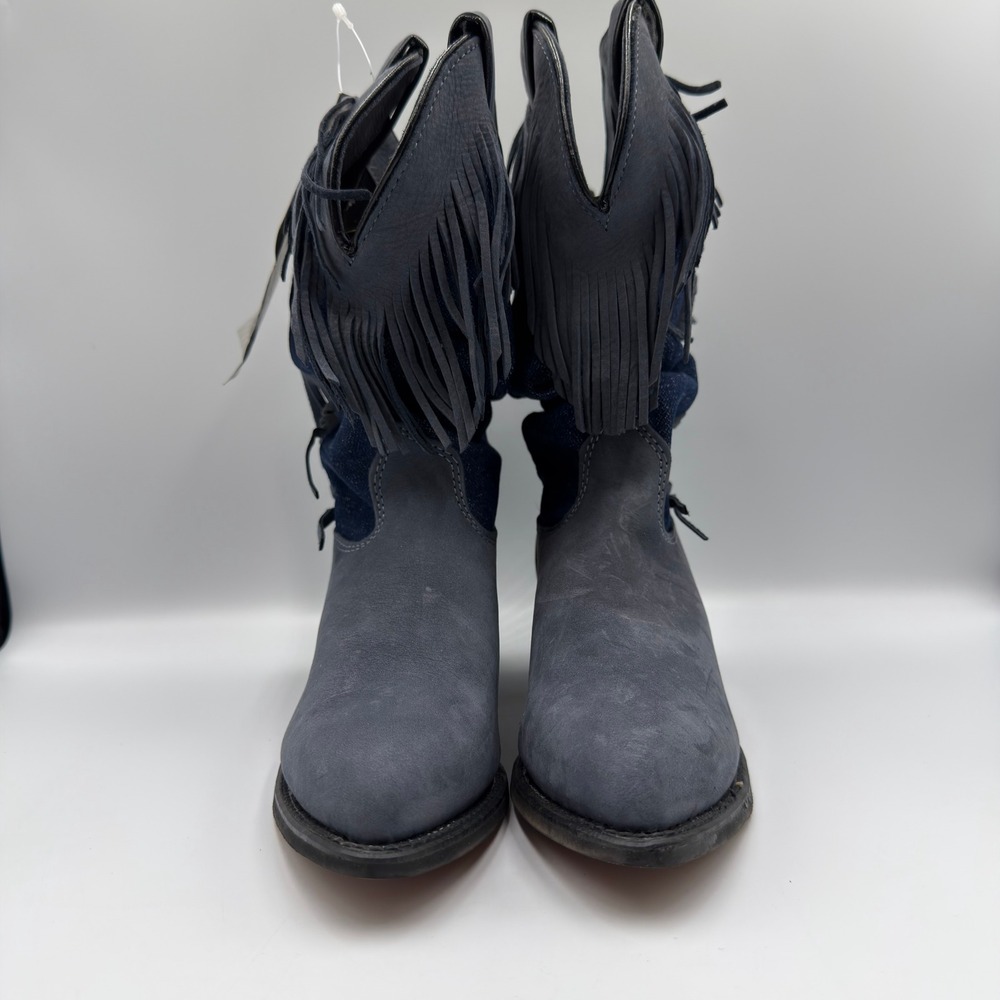 Vtg Wrangler Womens Durabuck Leather Fringe Western Boots Navy Blue Denim NEW - Picture 4 of 12